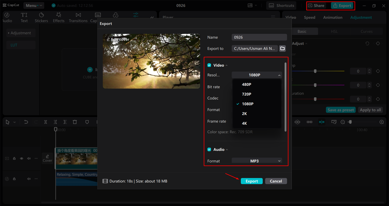 Exporting a video from the CapCut desktop video editor