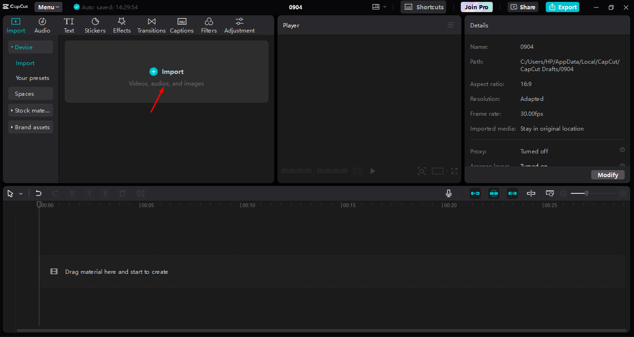 Uploading the video for editing in the CapCut desktop video editor