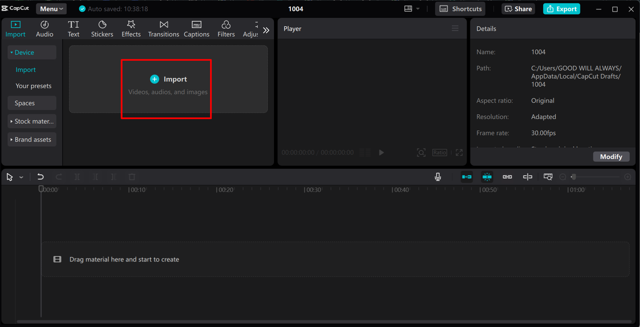 Importing video in the CapCut desktop video editor