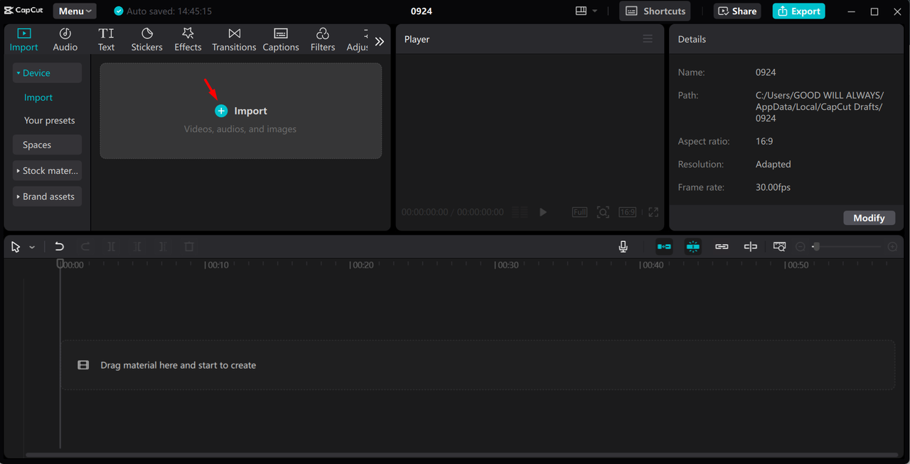 Uploading the video to the CapCut desktop video editor