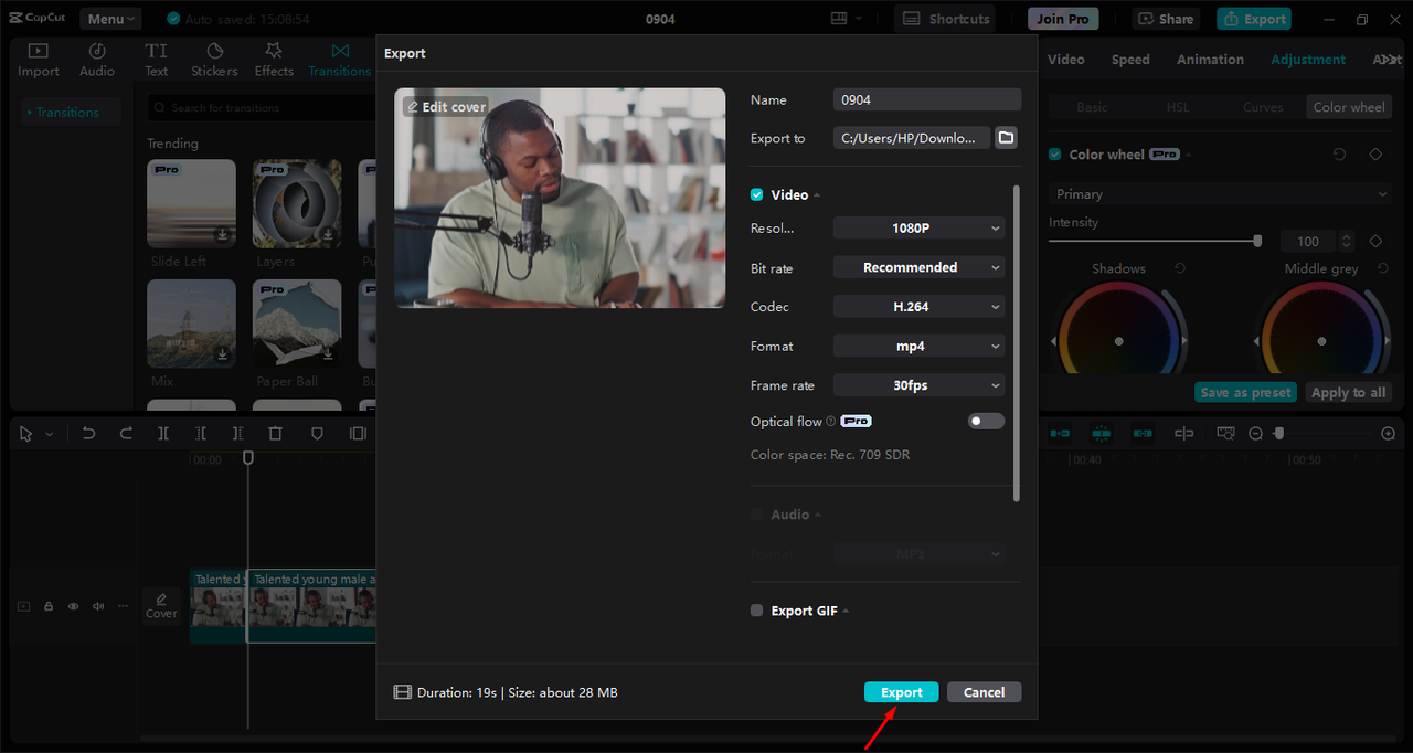 Exporting the video after editing in the CapCut desktop video editor