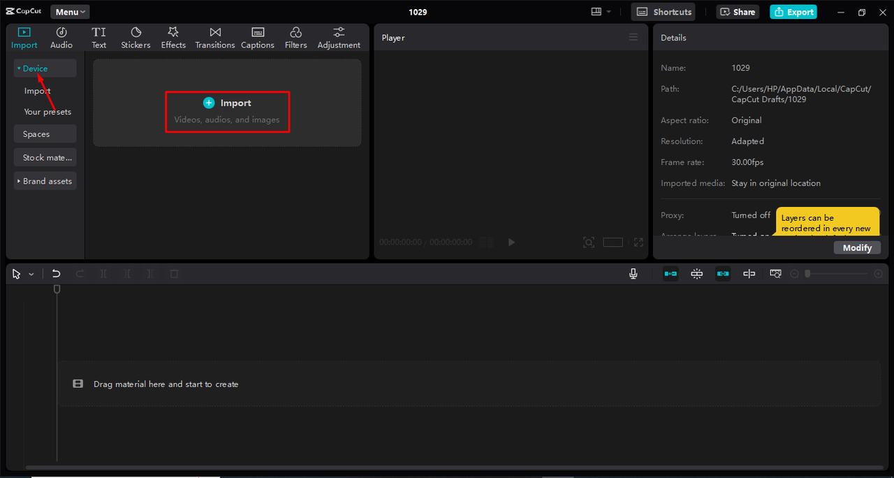 Uploading video for adding glowing text effect to the Capcut desktop video editor