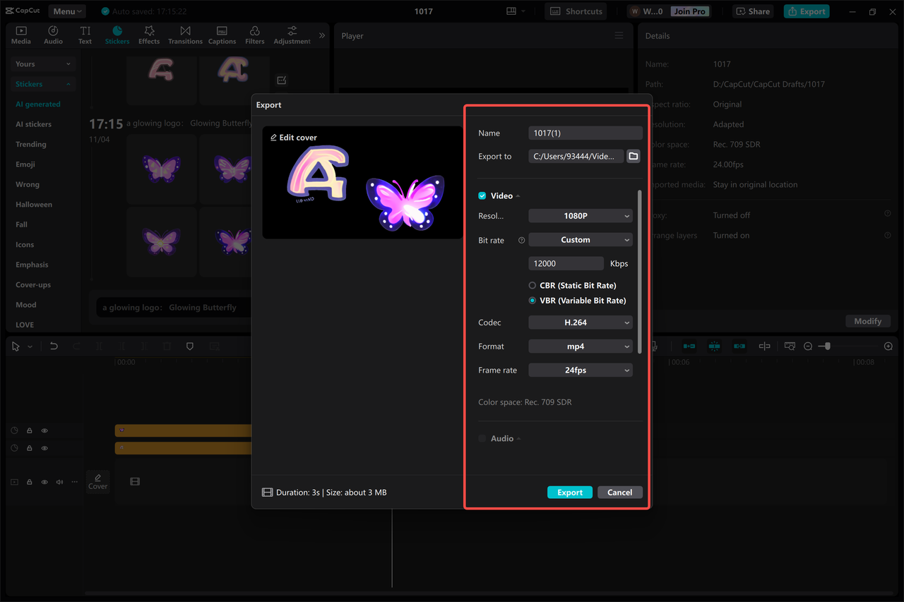 Exporting the video after applying the glowing text effect in the CapCut desktop video editor