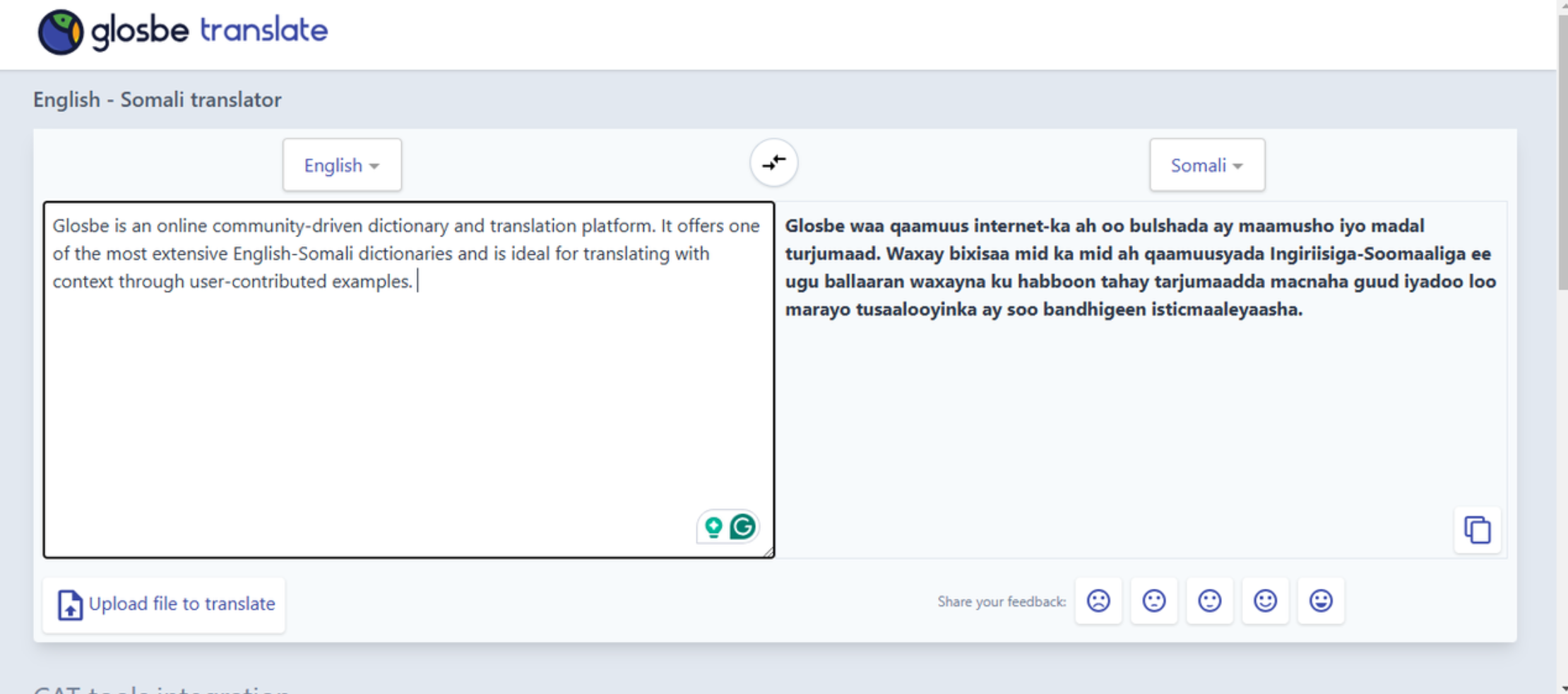 Interface of Glosbe - the reliable tool to translate English to Somali