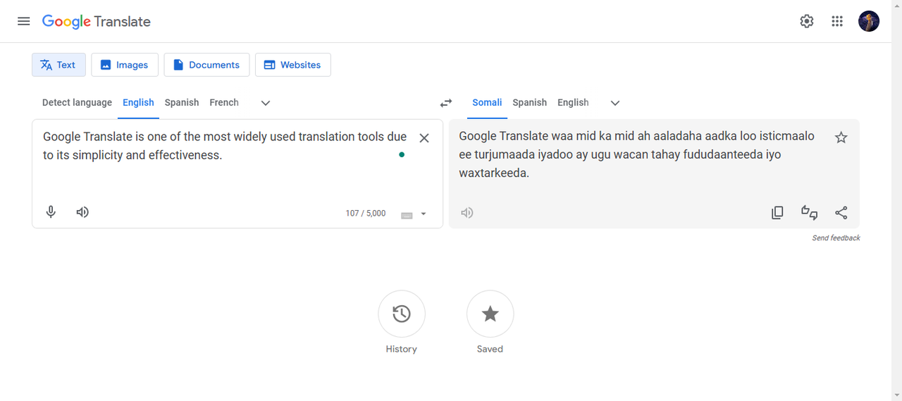 Interface of Google Translate - the widely used tool for English-to-Somali translation