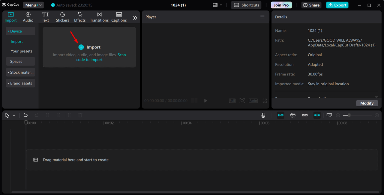 Importing video into the CapCut desktop video editor
