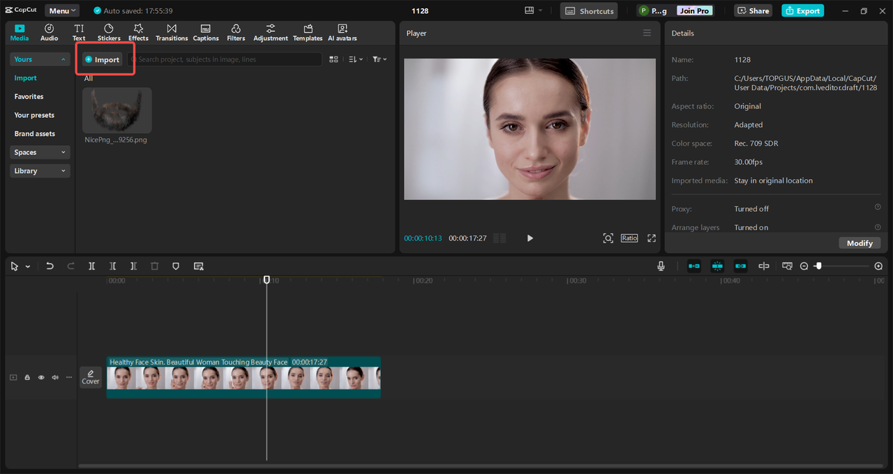 Import the video and the beard material