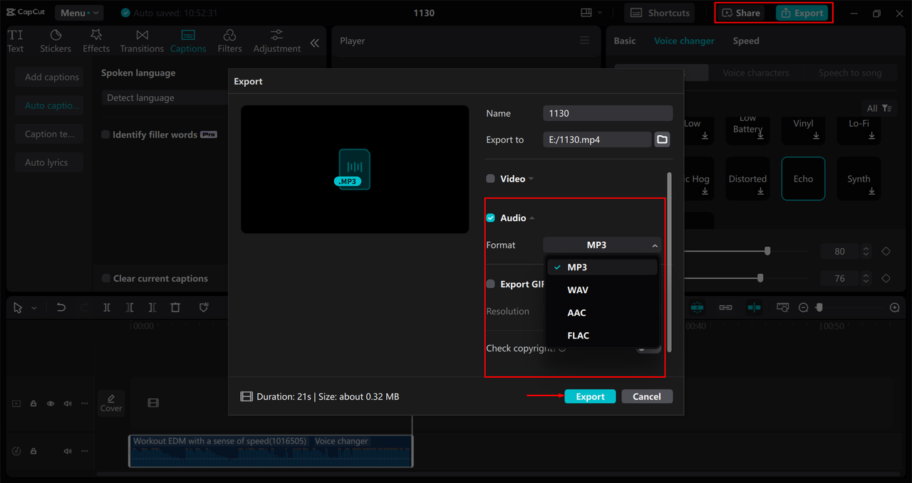 Exporting an edited audio file from the CapCut desktop video editor