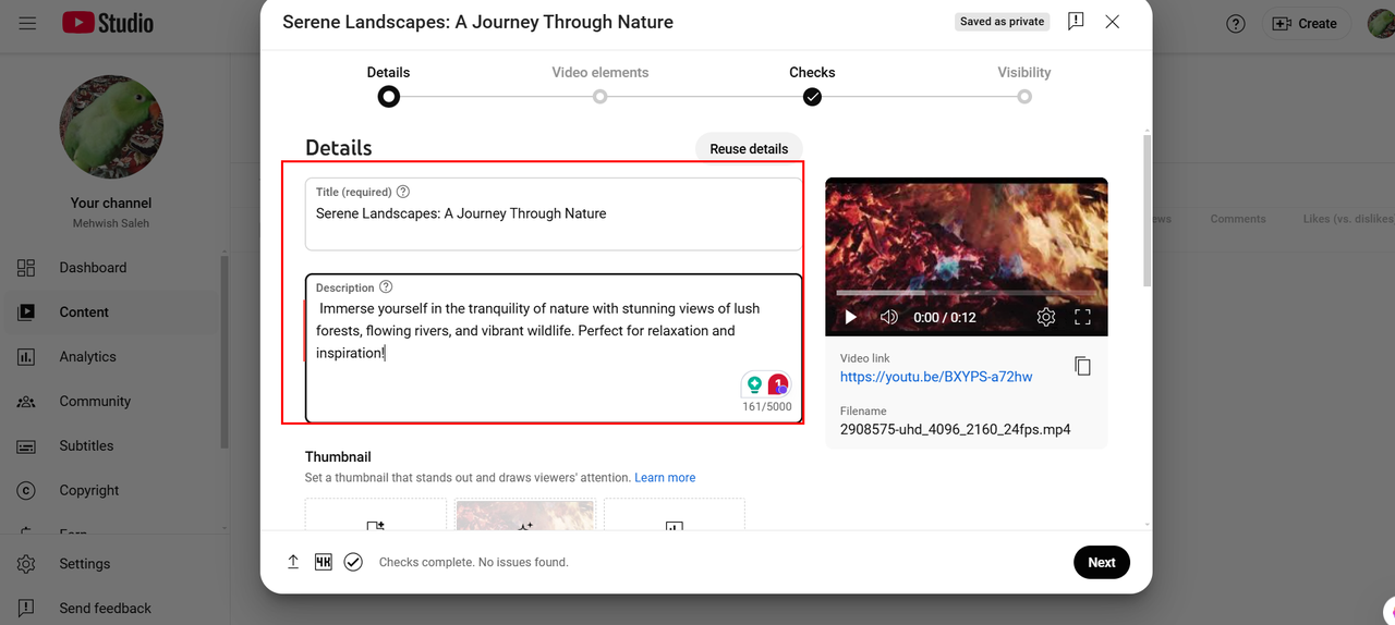 Editing the video title and description to upload the video