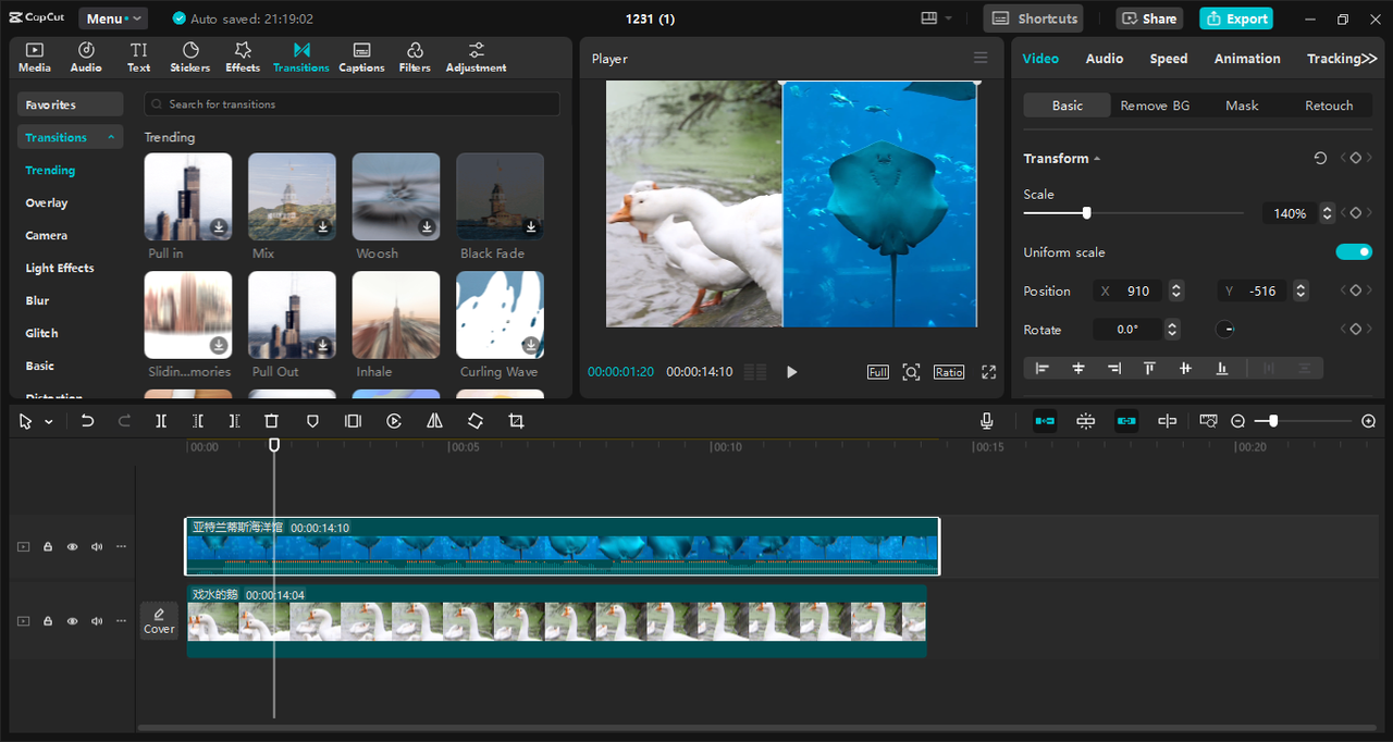 Editing interface of the CapCut desktop video editor - the perfect tool to learn how to put two videos side by side