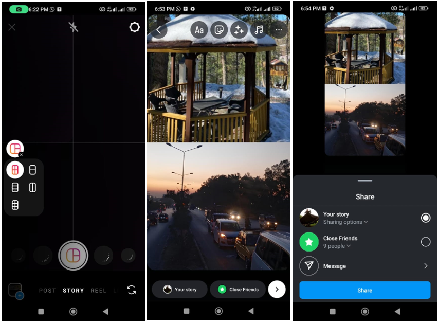 Instagram interface showing how to put two videos side by side using layout feature