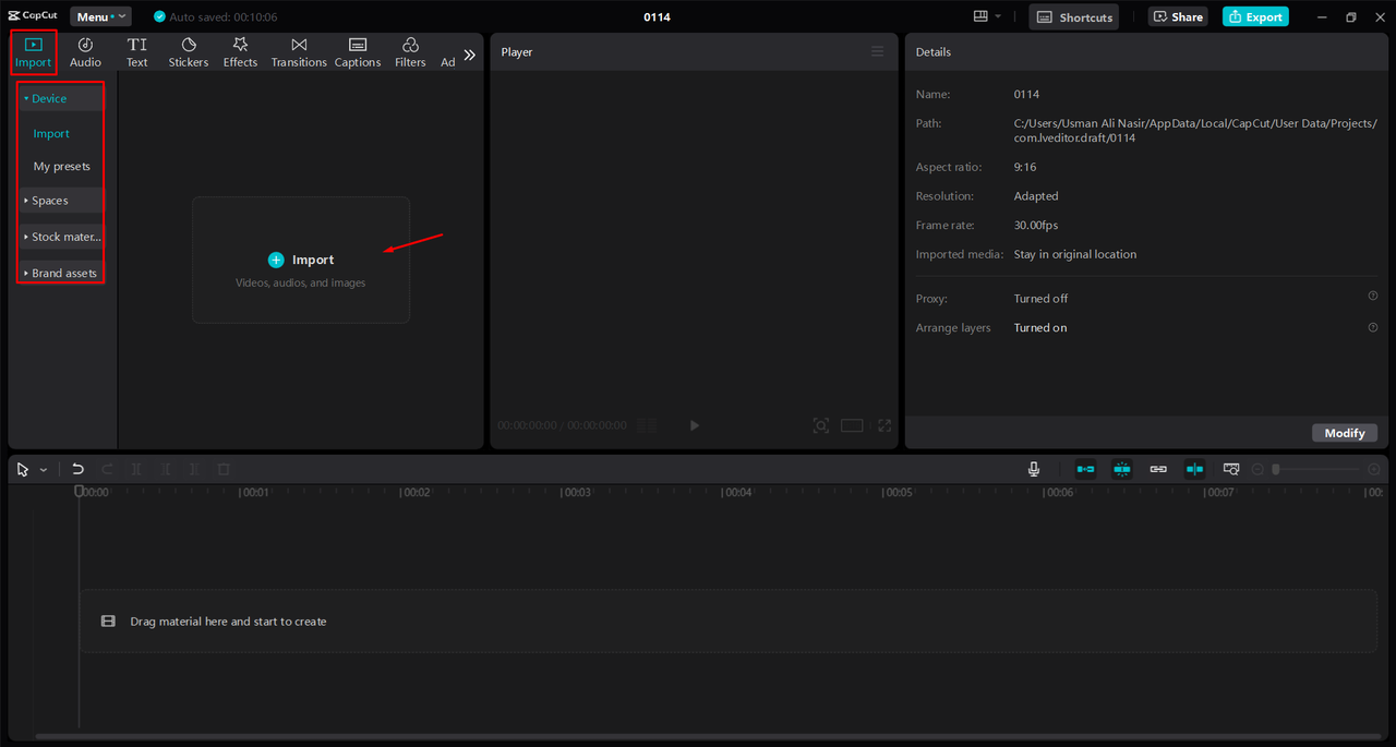 Uploading a video to the CapCut desktop video editor