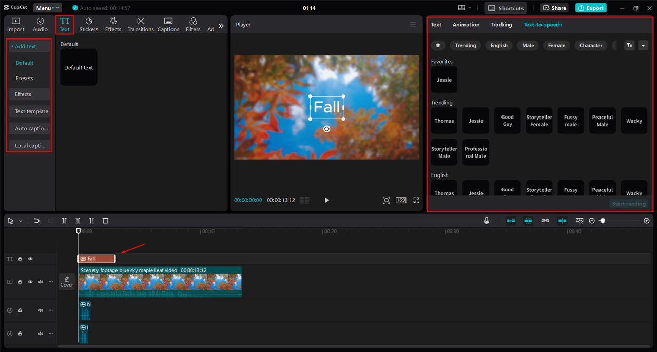 Using the text-to-speech tool to generate AI voices in the CapCut desktop video editor