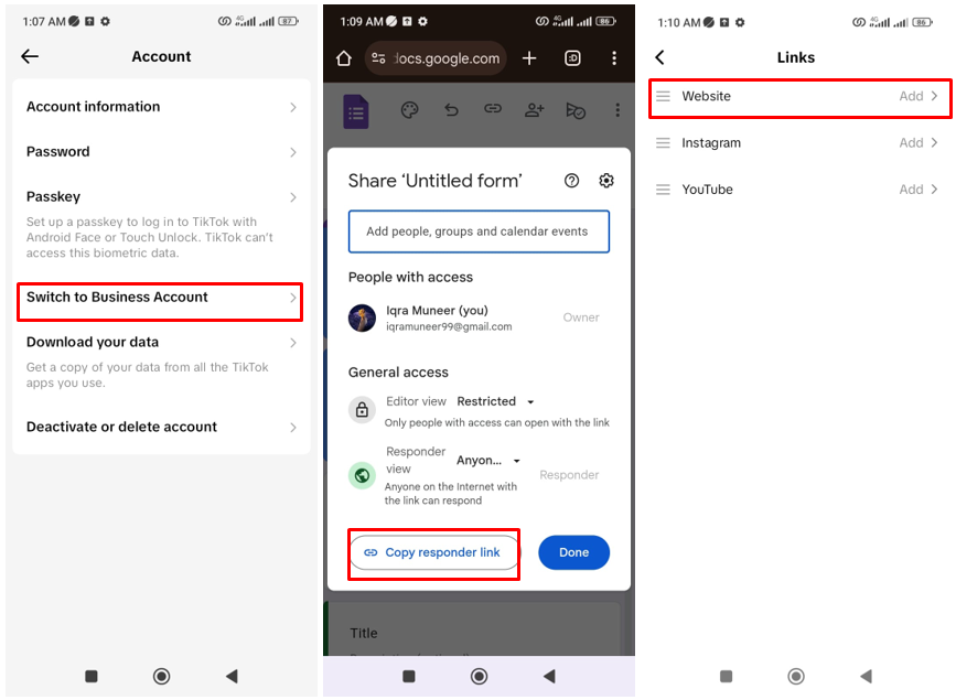 Image showing how to add Google Form in TikTok bio