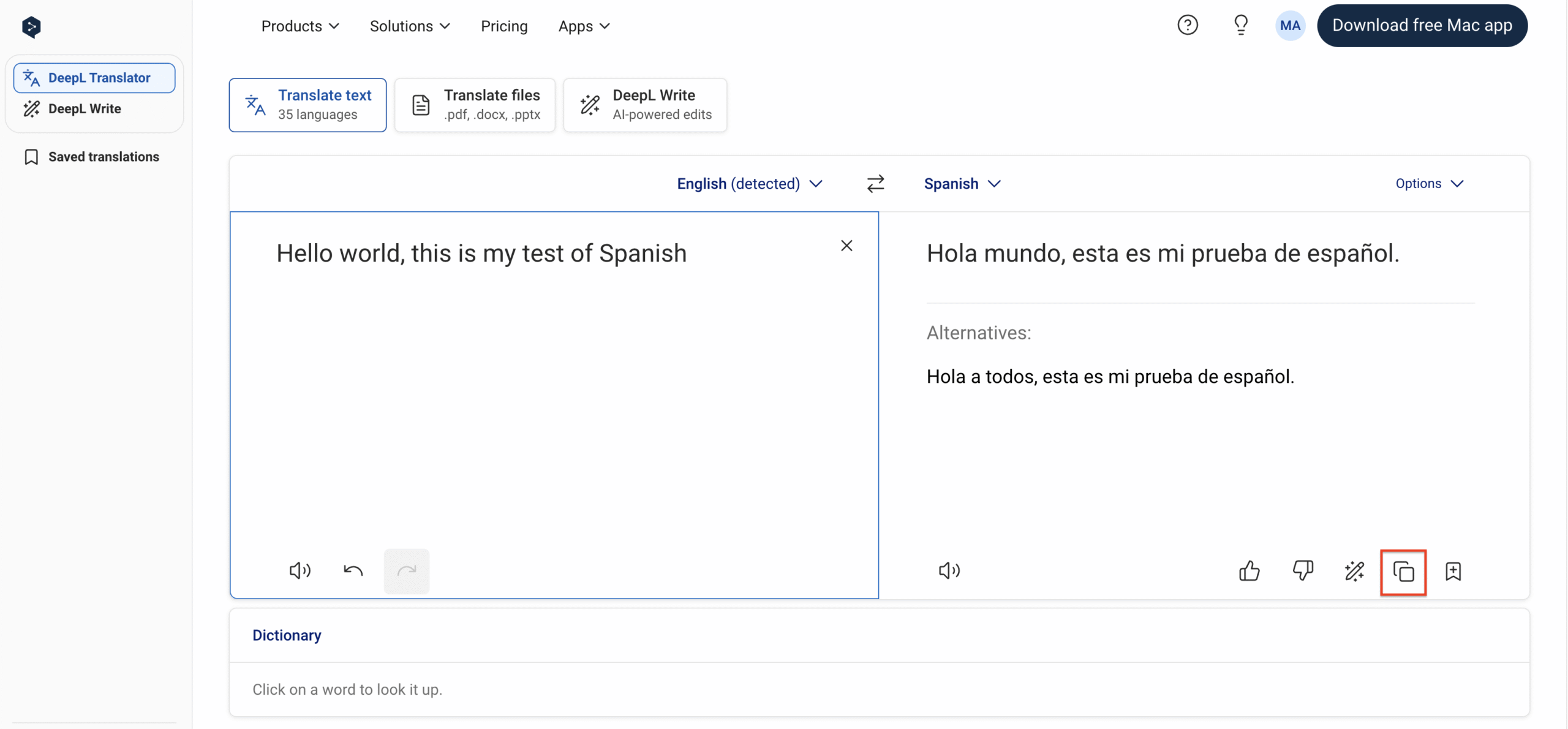Copy translated text