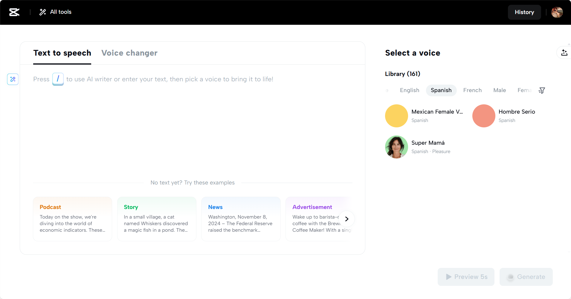 CapCut Web's text-to-speech tool