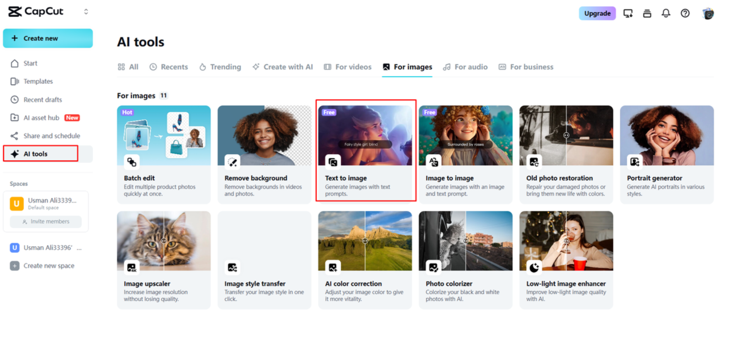 Opening the AI image generator in CapCut Web