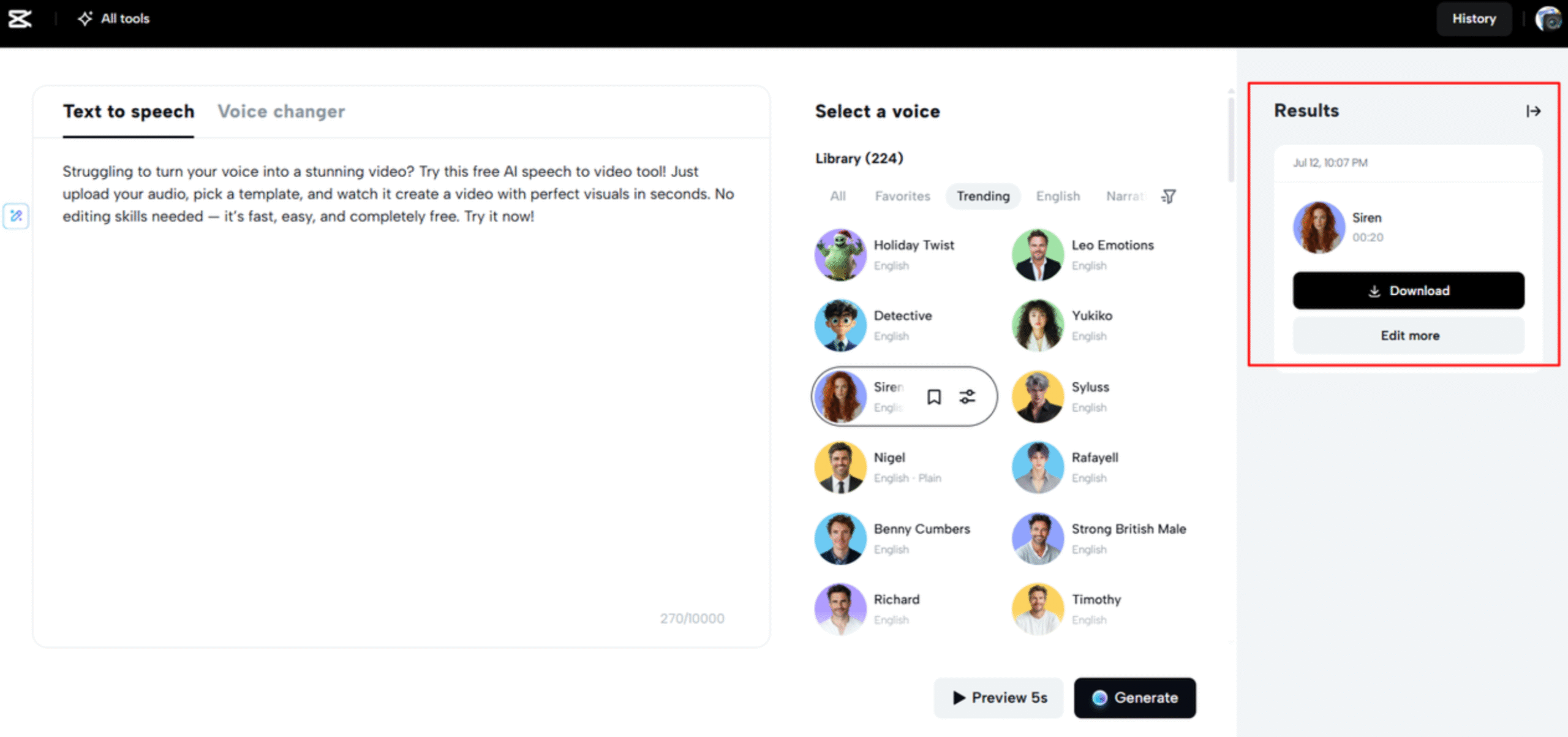 Downloading the generated speech from CapCut Web