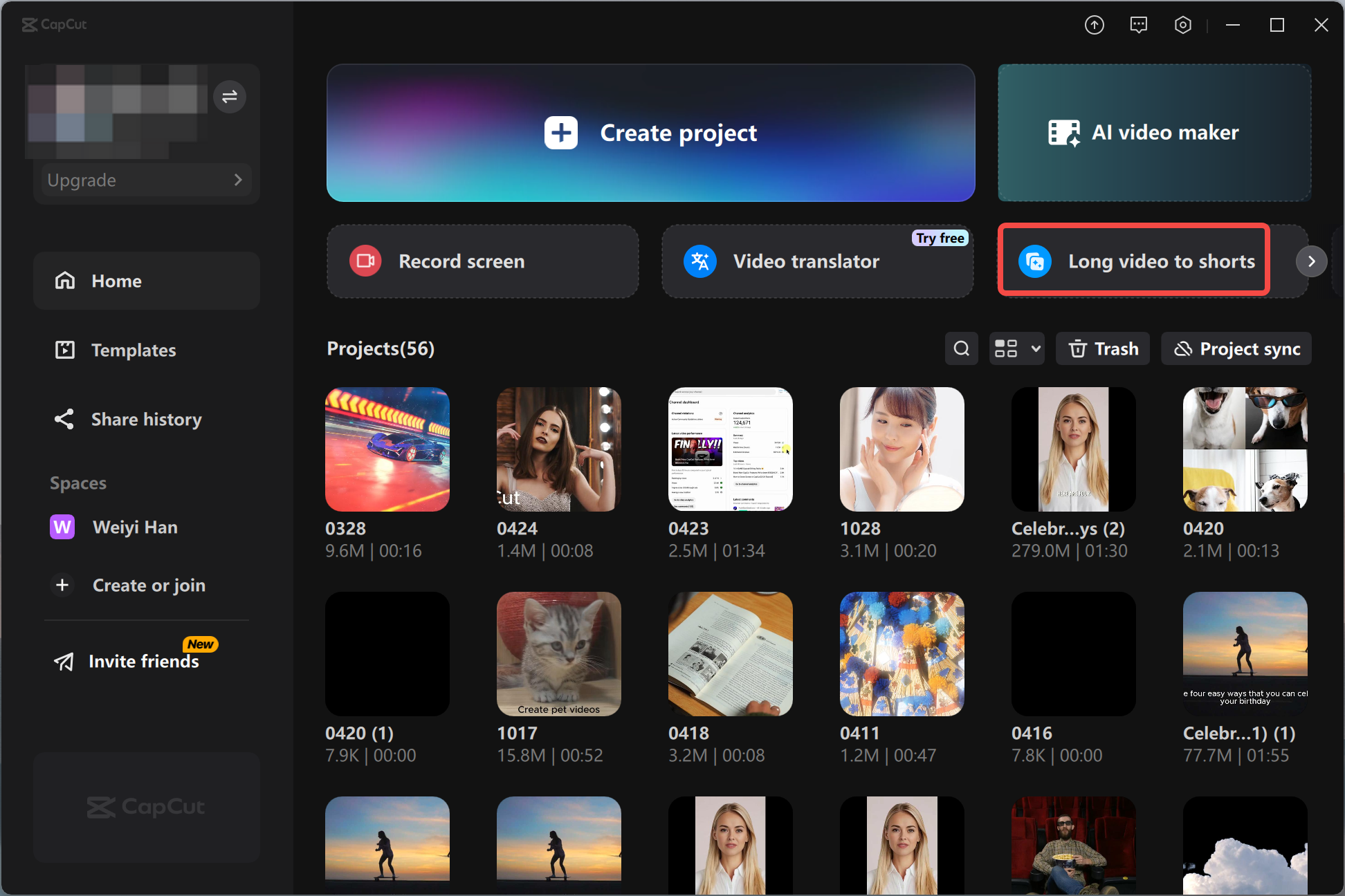 Accessing the "Long video to shorts" tool tool in the CapCut