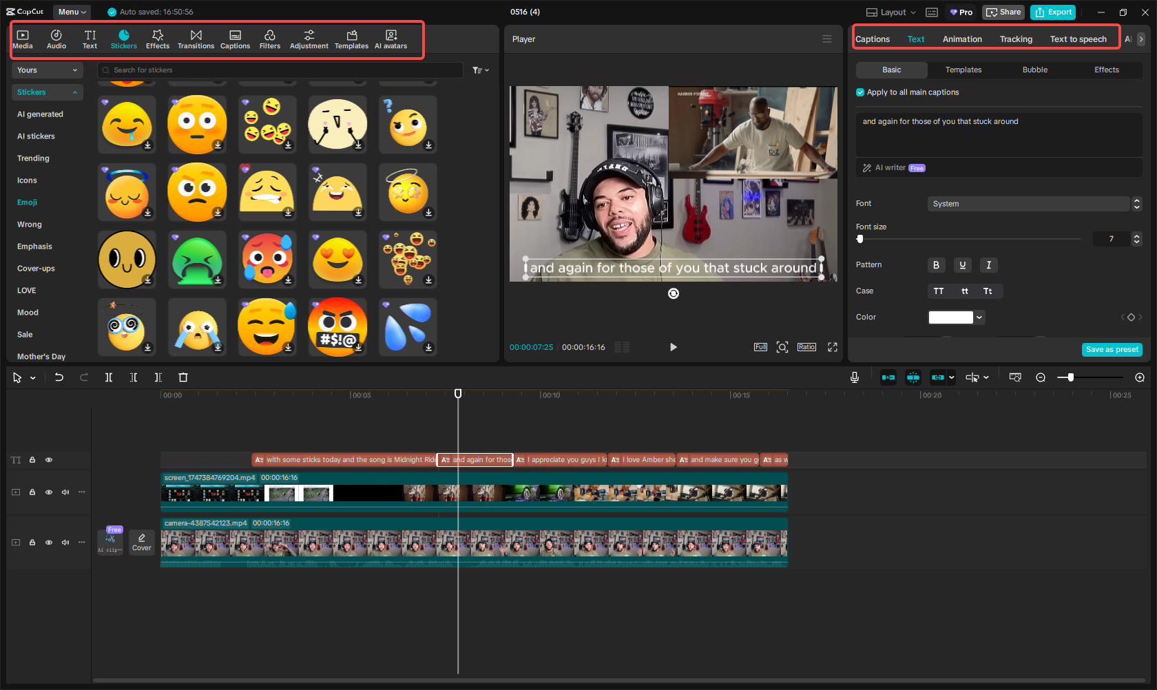 Editing the reaction video in CapCut
