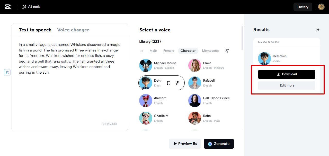 exporting character voice from CapCut Web