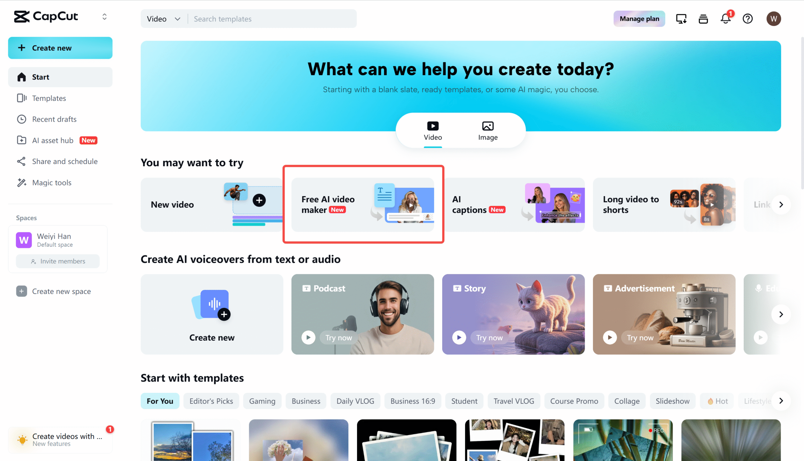 Accessing the AI video maker in CapCut Web