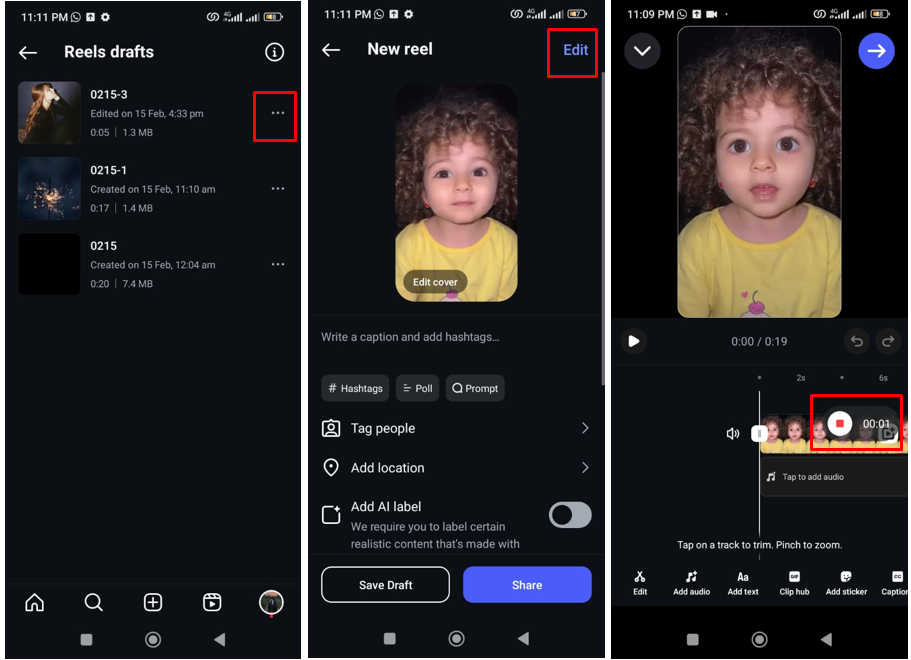 Image showing how to download reel drafts before posting