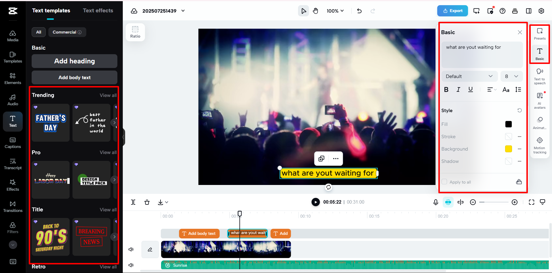 Basic tool in the CapCut online video editor