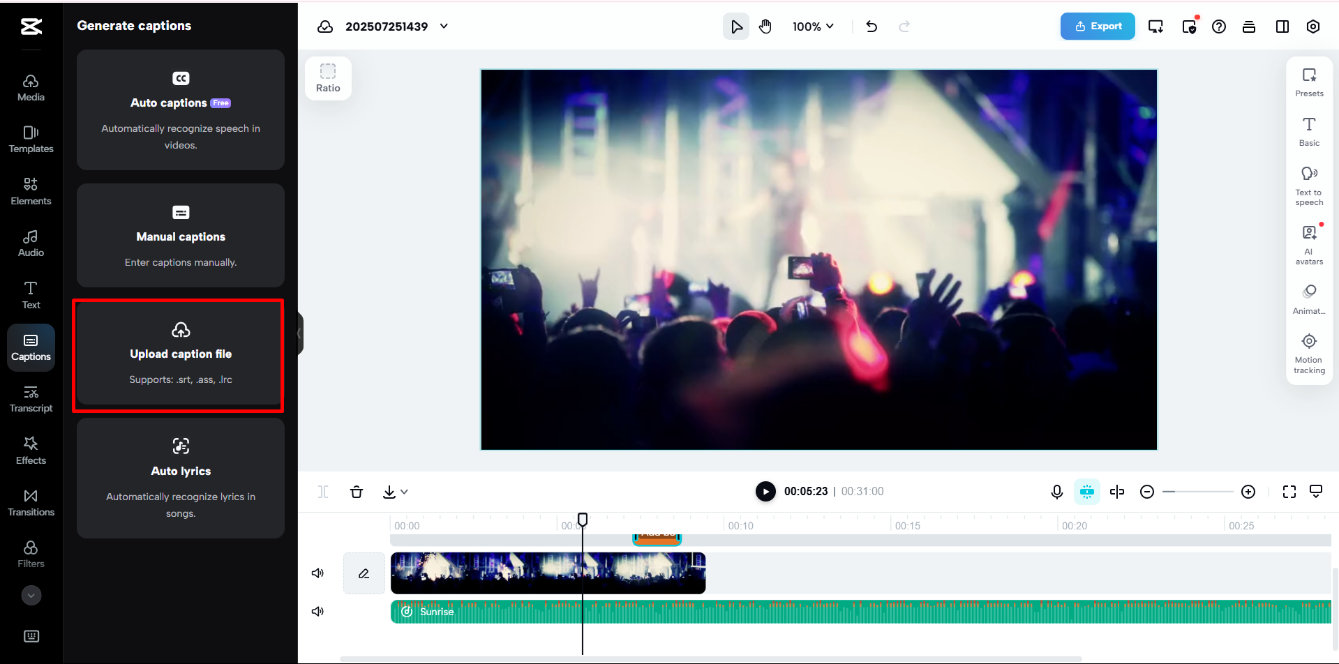 Upload song lyrics by word search in the CapCut online video editor