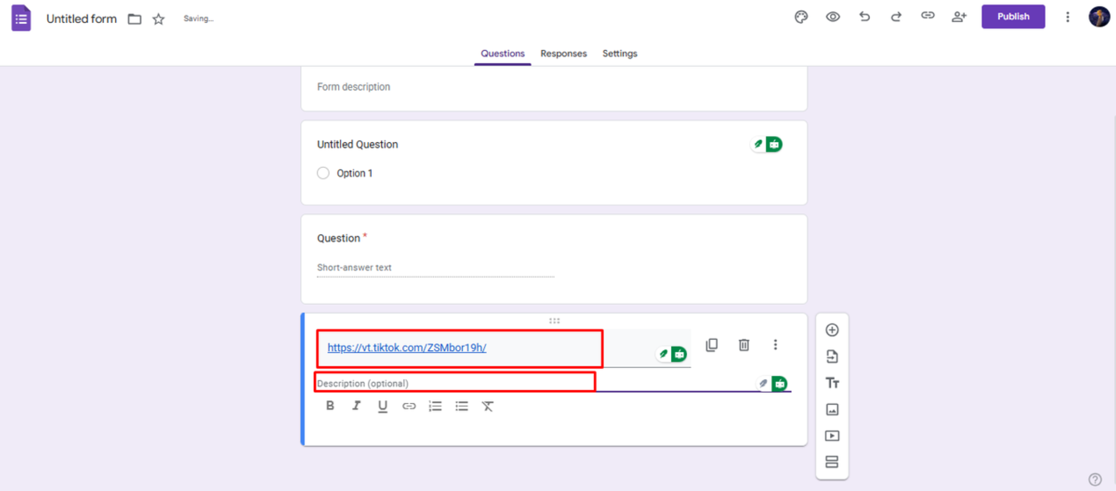 Pasting the link in TikTok Google Form