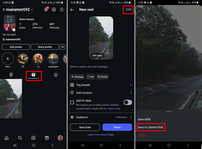 Image showing how to save an Instagram reel draft to the camera roll