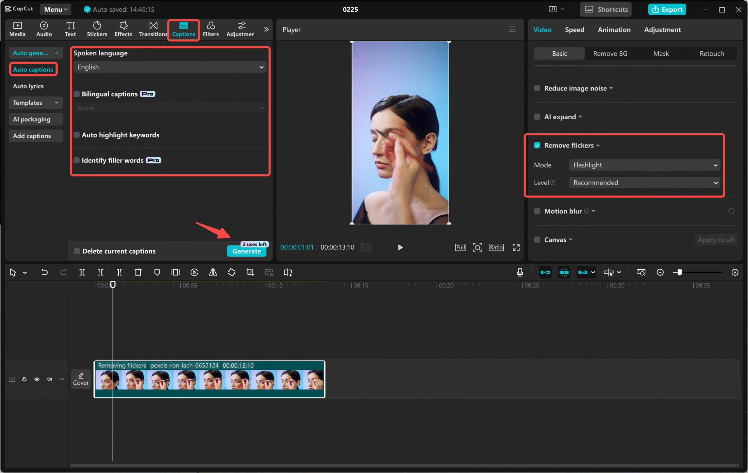 Adjusting reel colors and adding captions to the CapCut desktop video editor