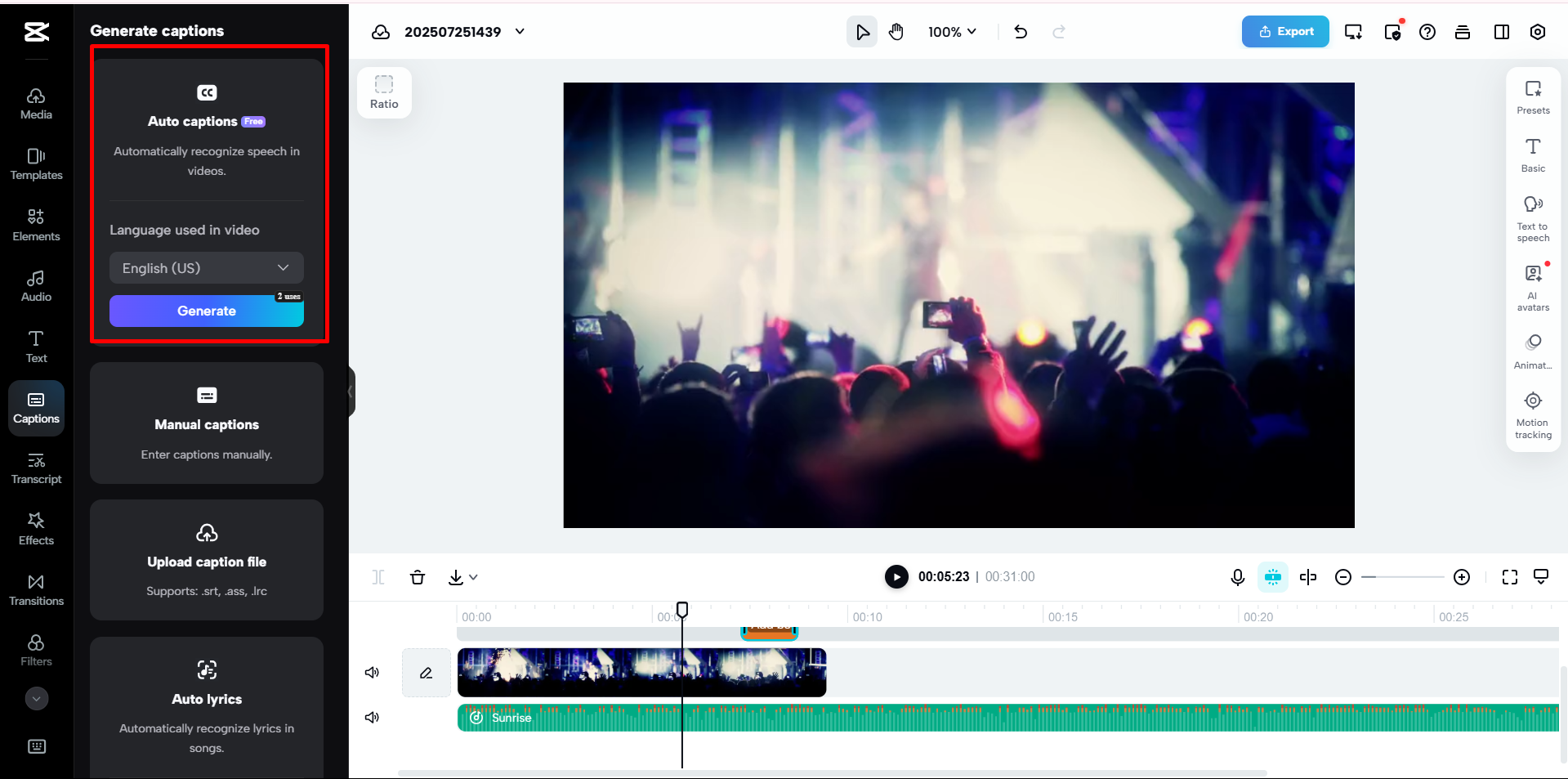 Auto-generated video captions in the CapCut online video editor