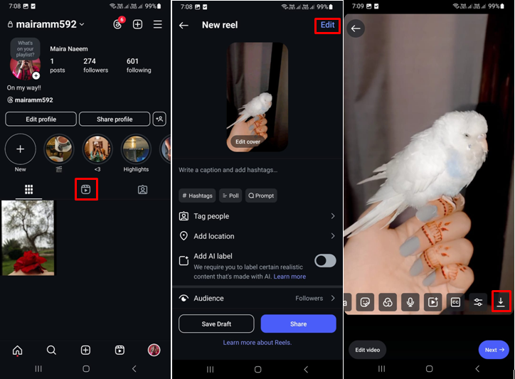 Image showing how to save reel draft to camera roll with audio