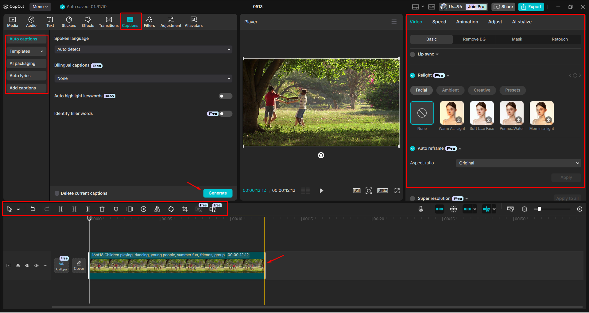 Trimming and enhancing a video in the CapCut desktop video editor