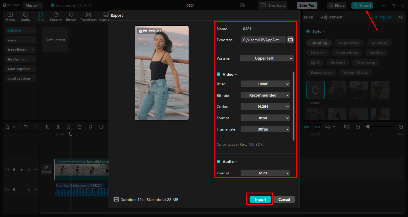 Export settings interface
