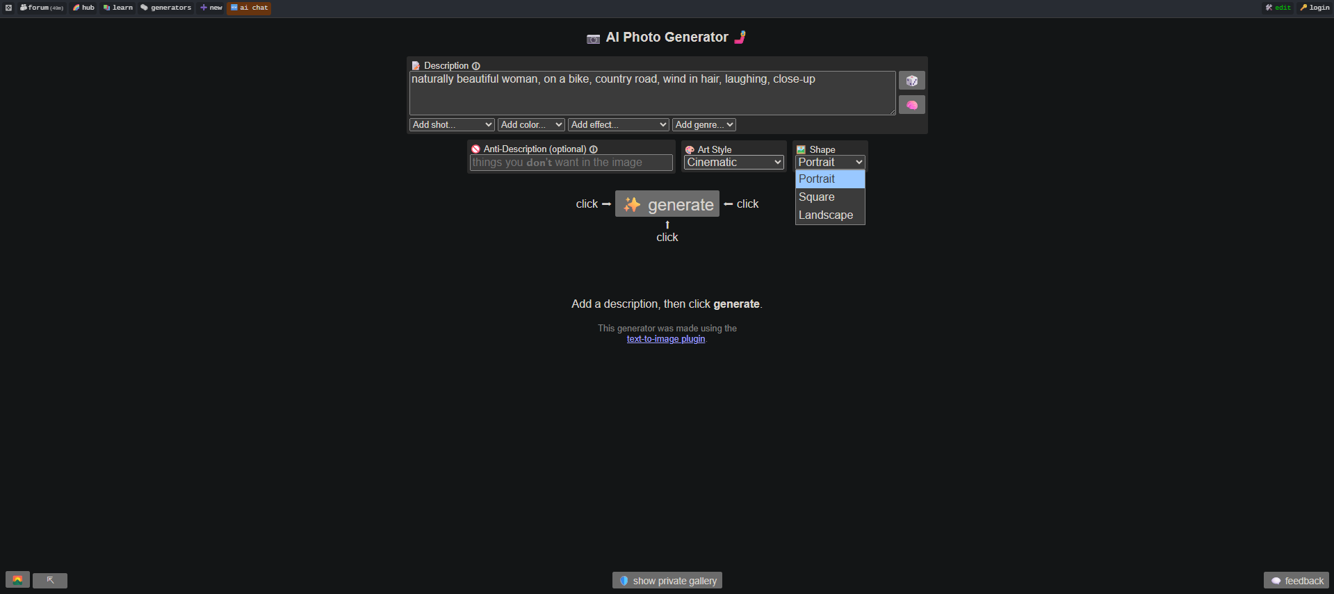 Entering and customizing a prompt in Perchance image generator
