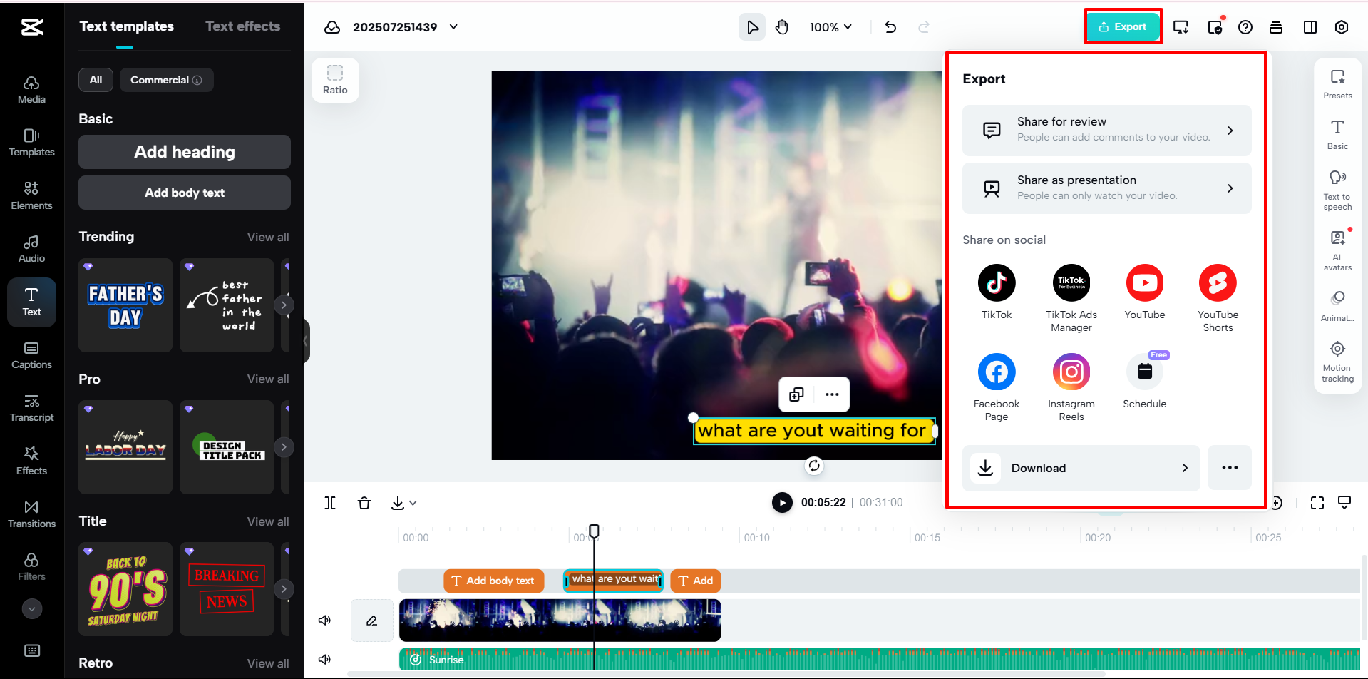 Export options in the CapCut online video editor