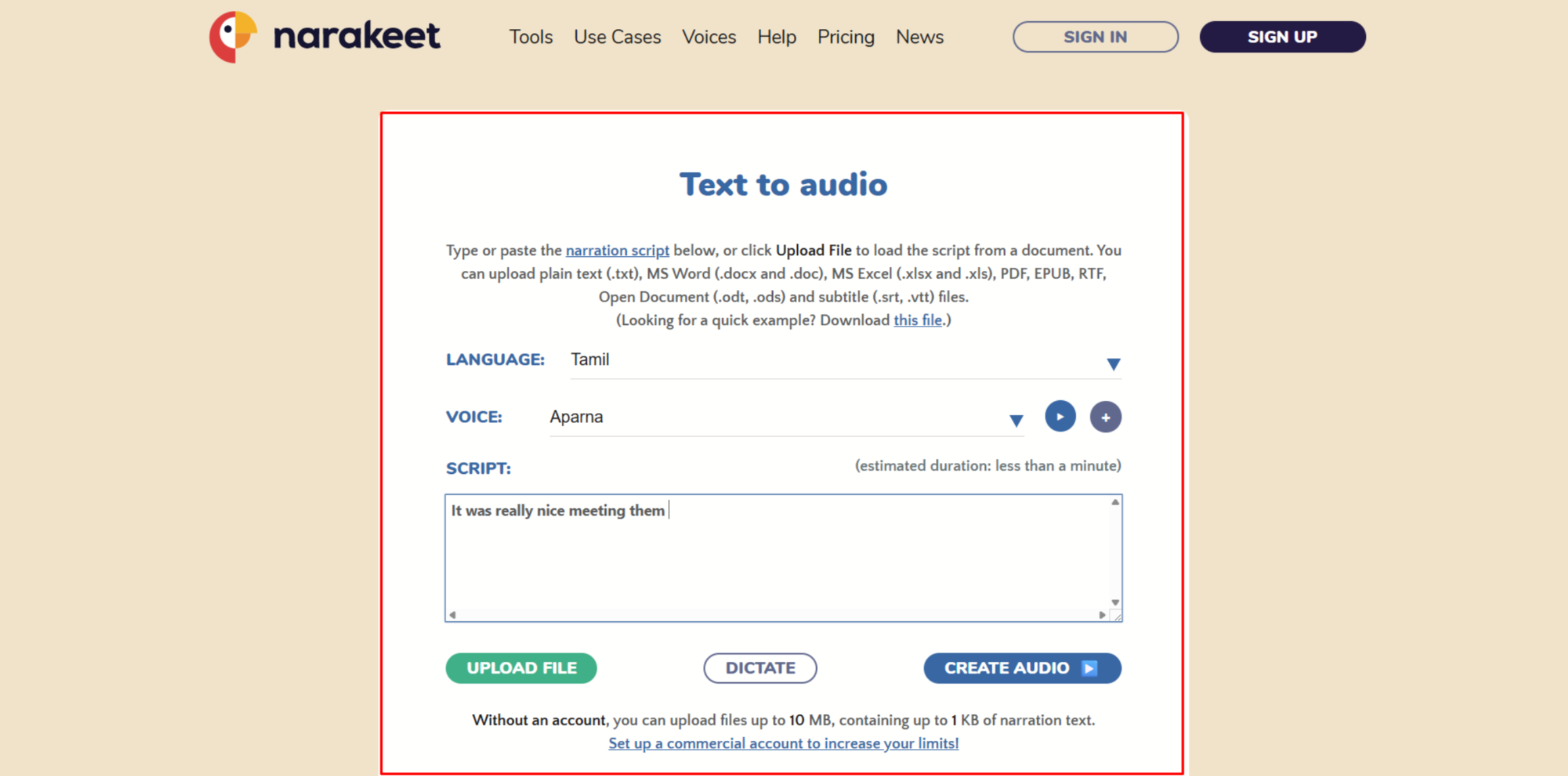 Converting text to Tamil speech in Narakeet