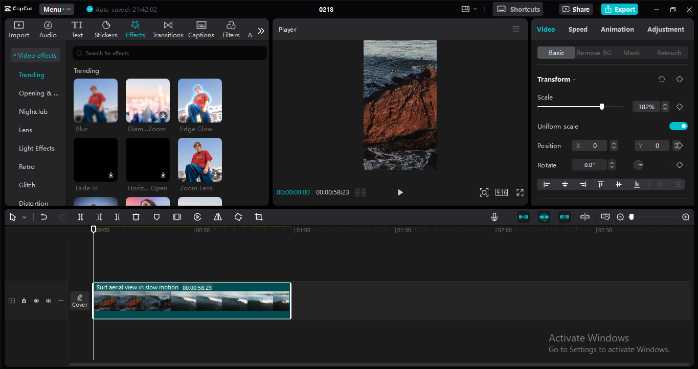 Editing interface of the CapCut desktop video editor - the best tool to enhance saved Instagram reels