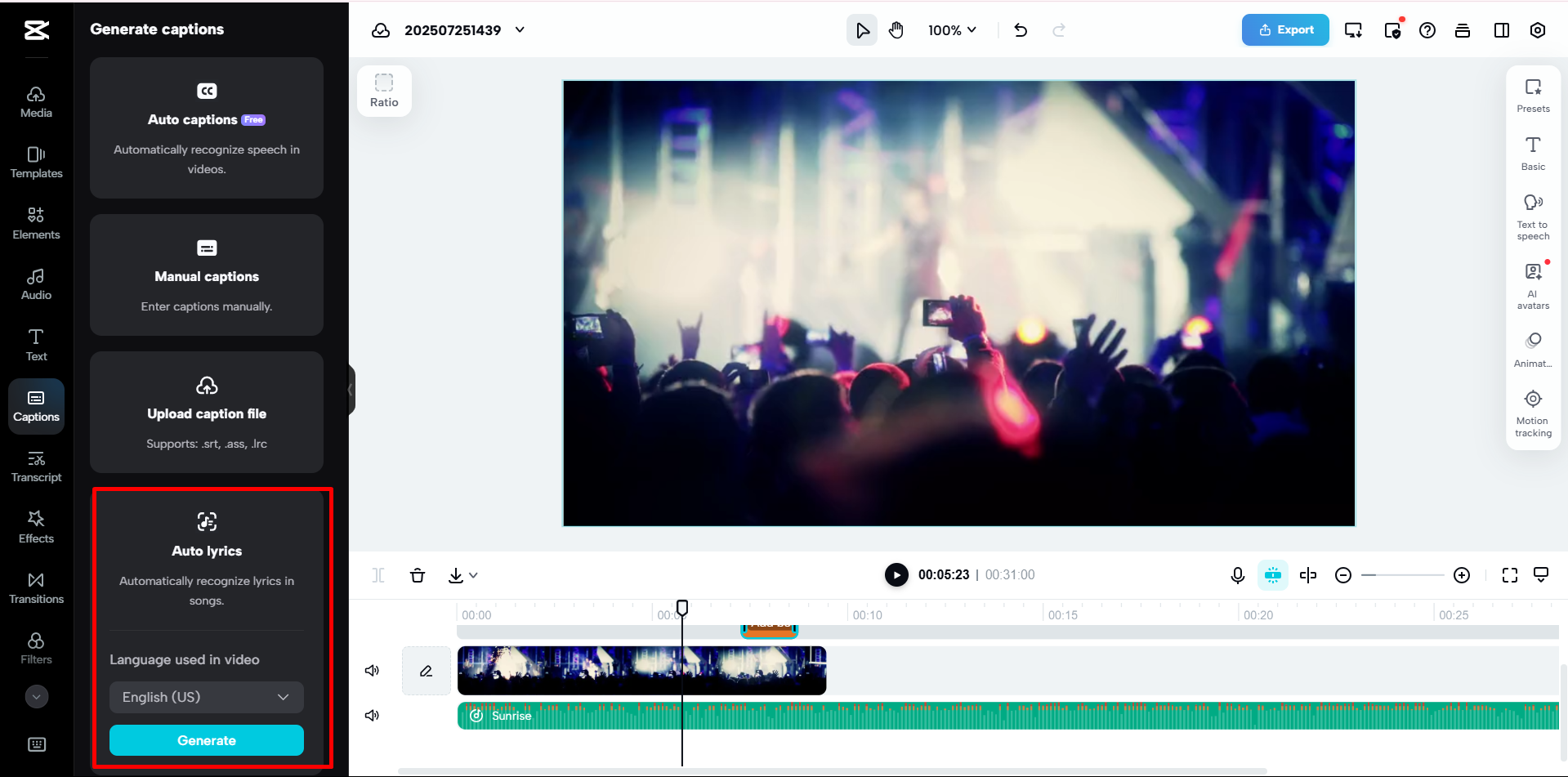 Auto-generated song lyrics in the CapCut online video editor
