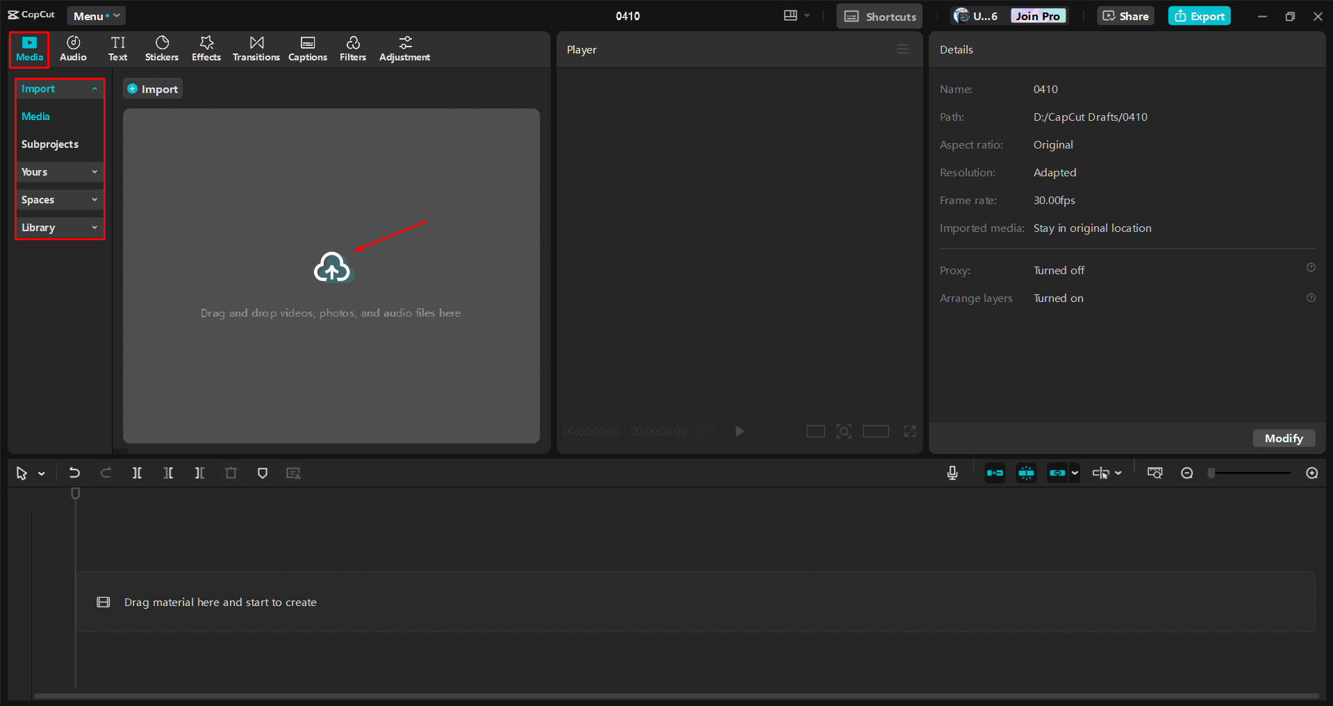 Importing a video into the CapCut desktop video editor