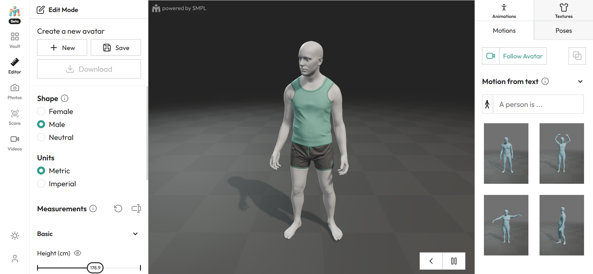 Interface of Meshcapade editor - an online tool to create 3D avatars