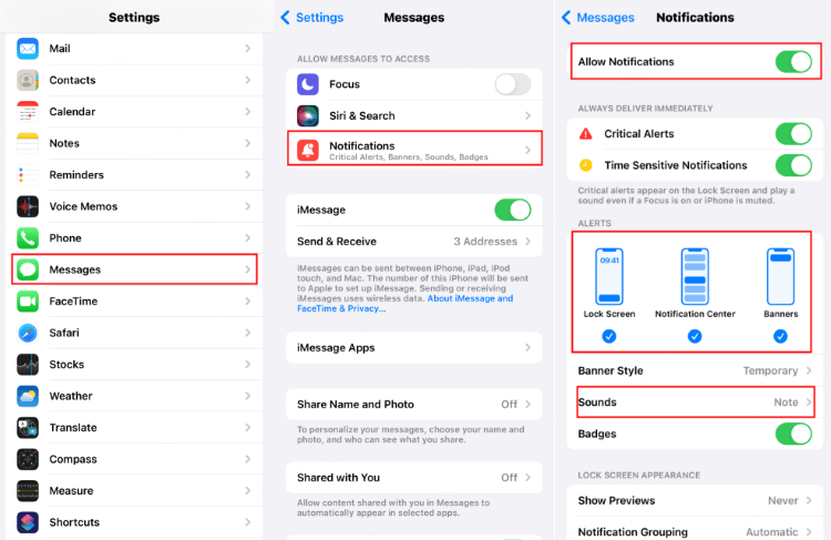 allow notifications for messages on iphone