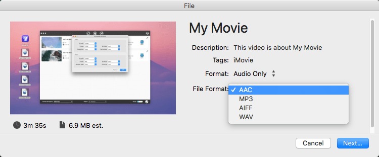choose audio format imovie
