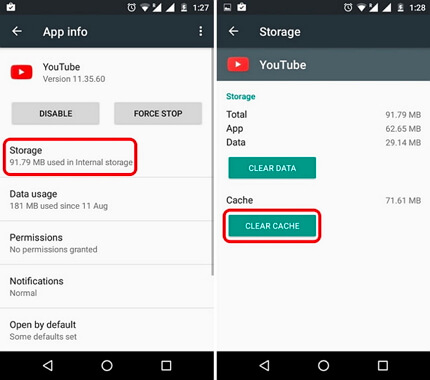 clear the cache of the YouTube application on android device