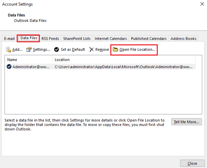 finding ost file location with outlook options