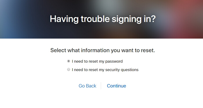 reset password or security questions