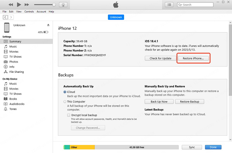 restore iPhone via iTunes