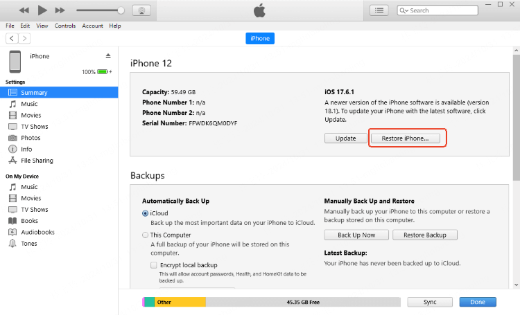 restore demo iphone with itunes